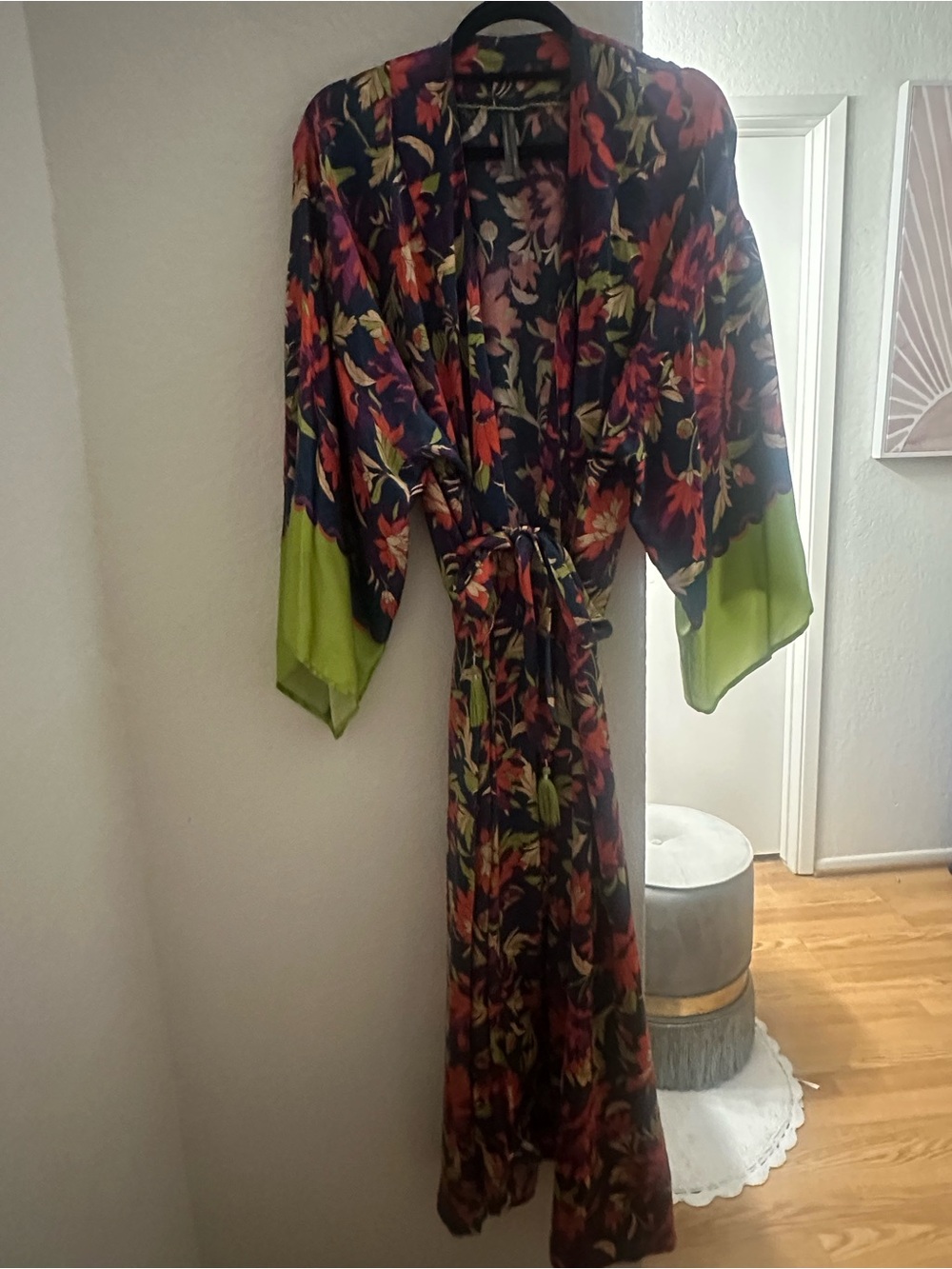 Anthropologie Navy Floral Kimono with Lime Trim